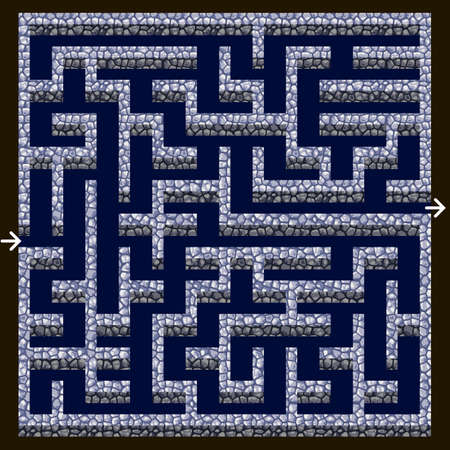 Maze game design element. Labyrinth with stone walls in dungeon, top down view. For children puzzle game asset, easy level, rectangular shape. Vector illustrationのイラスト素材