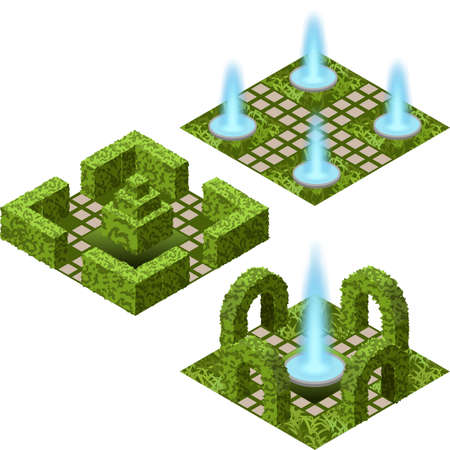 Garden isometric set to create garden landscape scene for game asset or cartoon background. Fountain, flowers, bushes and trees, paved walks. Isolated isometric tiles.  Vector illustrationのイラスト素材