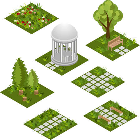 Garden isometric tile set. Isolated isometric tiles to design garden landscape scene. Cartoon or game asset with grass, trees,  flowers, paved walks,  rotunda. Vector illustrationのイラスト素材