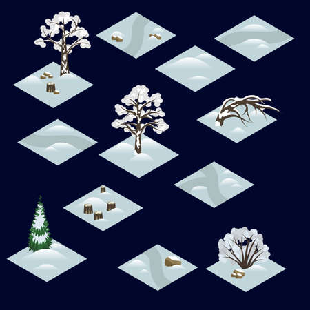 Winter forest isometric tile set with trees and bushes in snow. Isolated isometric tiles to design landscape scenes for game asset or cartoon background.  Vector illustrationのイラスト素材