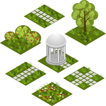 Garden isometric tile set. Isolated isometric tiles to design garden landscape scene. Cartoon or game asset with grass, trees,  flowers, paved walks,  rotunda. Vector illustrationのイラスト素材