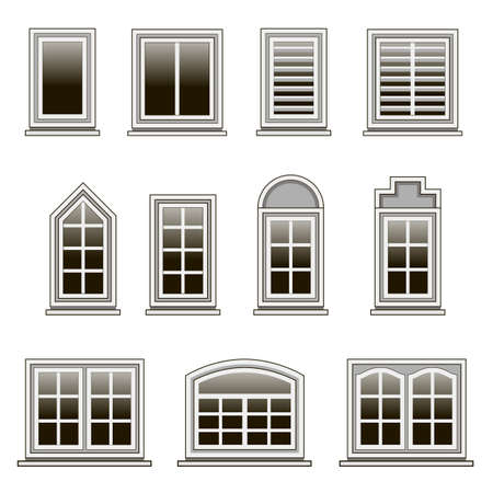 Set of modern windows frames to design or remodel  house exterior or interior. Isolated windows on white background. Flat design style. Vector illustration.のイラスト素材