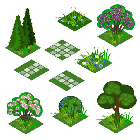 Garden or farm isometric tile set. Isolated isometric tiles trees, flowers in grass, bushes in blossom and paving walks to design garden landscape scene in cartoon or game asset. Vector illustrationのイラスト素材