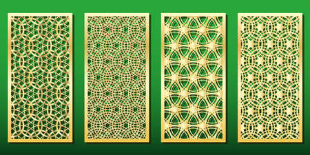 Laser cut panels with islamic geometric ornament. Set of templates for wood or metal decoration, laser cut-out, fretwork or engraving. Arabic traditional patterns, vector illustrationのイラスト素材