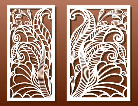 Laser cut panels with exotic floral pattern. Use for die templates, cut-out for wood or metal decor or fretwork, card engraving stencil. Ornate Vector set.のイラスト素材