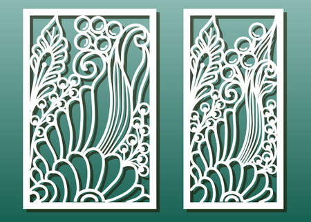 Laser cut panels with floral pattern. Die templates, cut-out for wood or metal decor or fretwork, card engraving stencil. Vector set.のイラスト素材