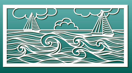 Laser cut template. Stencil for wood or metal cutting or carving, paper art, wall decorative panel for interior design. Sea landscape with waves and sailboat. Vector illustrationのイラスト素材