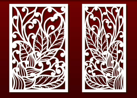 Laser cut panels with floral pattern. Die templates, cut-out for wood or metal decor or fretwork, card engraving stencil. Vector set.のイラスト素材