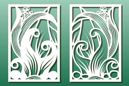 Laser cut panels with floral pattern. Stencil or template for  interior wood or metal dÃ©cor cutout, fretwork or paper art, card engraving. Vector set with underwater world design.のイラスト素材
