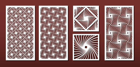 Laser cut panels with abstract geometric pattern, vector set. Template or stencil for metal cutting, wood carving, fretwork, paper art. Useful in interior design, card decoration. のイラスト素材