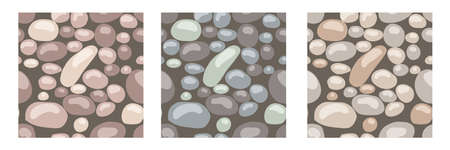 Stone texture, vector set of seamless patterns. Rocks, stones, cobble, gravel, shingle  for background or pavement decor.のイラスト素材