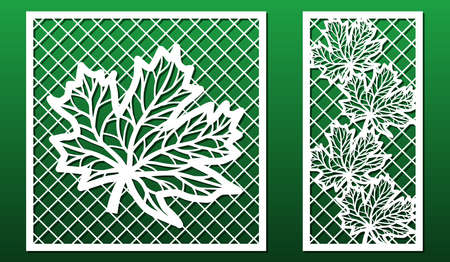 Laser cut panels. Stencil for fretwork, wood or metal decorative cutout, paper art templates.  For interior decoration, cards, engraving or carving. Abstract  design with maple leavesのイラスト素材
