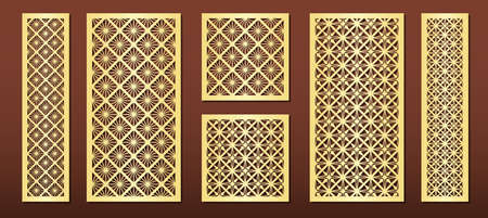 Laser cut panels with geometric pattern in arabic islamic design style, vector set. Template or stencil for metal cutting, wood carving, fretwork, paper art. Useful in interior design, card decoration.のイラスト素材