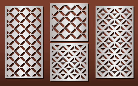 Laser cut panels with geometric pattern in arabic islamic design style, vector set. Template or stencil for metal cutting, wood carving, fretwork, paper art. Useful in interior design, card decoration. のイラスト素材