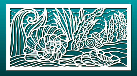 Laser cut panels, vector. Template or stencil for  metal cutting, wood carving, paper art, fretwork, card engraving or home interior decor. Abstract pattern with underwater sea world design.のイラスト素材