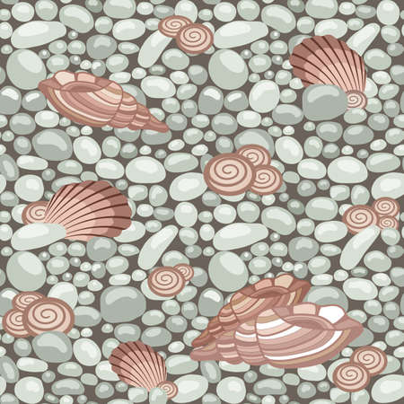 Stone texture with seashells, seamless pattern. Cobble, shingle, gravel, shells to create background. Vector illustrationのイラスト素材