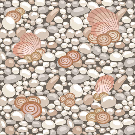 Stone texture with seashells, seamless pattern. Cobble, shingle, gravel, shells to create background. Vector illustrationのイラスト素材