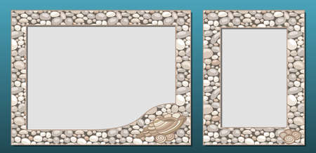 Decorative photo frames template, vector set. Frame border design with natural stone or cobble texture and seashells. For picture, image, banner, poster, card decor, paper printのイラスト素材