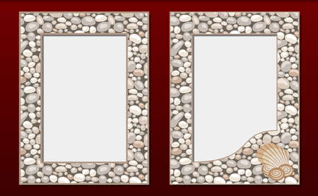 Decorative photo frames template, vector set. Frame border design with natural stone or cobble texture and seashells. For picture, image, banner, poster, card decor, paper printのイラスト素材