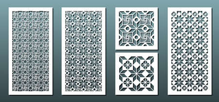 Laser cut panels vector set. Metal cutting or wood carving, fretwork stencil, paper art. Abstract geometric pattern, arabic style. For interior design or card decorationのイラスト素材