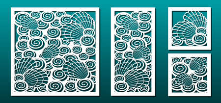 Laser cut panels, vector set. Template for metal cutting or wood carving ,stencil for fretwork, paper art, card background or interior decor pattern. Underwater abstract texture with seashells.のイラスト素材