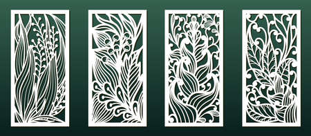 Laser cutting templates with floral pattern. Wood or metal  cut, stencil for fretwork or carving, paper art. Vector set, Panel decor for interior design, card background decoration or engraving.のイラスト素材