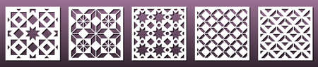 Set of square panels for laser cutting. Abstract geometric pattern, template for metal cut or wood carving, stencil or die for paper art or fretwork. Use for card background decoration, interior design wall art. Vector illustrationのイラスト素材
