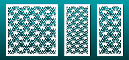 Laser cut pamels template, abstract geometric pattern. Metal decorative cutout, wood carving, fretwork stencil, paper art.  For interior design, card background decoration, engraving. Vector setのイラスト素材