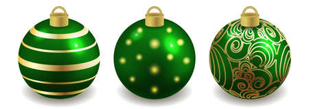 Set of Christmas balls isolated on white, green with golden ornament nd ribbons. Toys for New Year or Christmas tree design  ornate with pattern. Vector illustrationのイラスト素材
