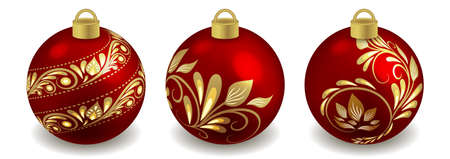 Set of Christmas balls isolated objects on white background, red with golden ornament. Toys for New Year or Christmas tree design  ornate with pattern. Vector illustrationのイラスト素材