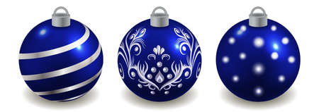 Set of Christmas balls isolated on white, blue with silver decor. Toys for New Year or Christmas tree design  ornate with pattern. Vector illustrationのイラスト素材