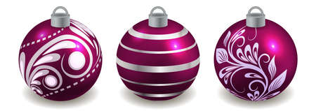 Set of Christmas balls isolated on white, purple with silver decor. Toys for New Year or Christmas tree design  ornate with pattern. Vector illustrationのイラスト素材