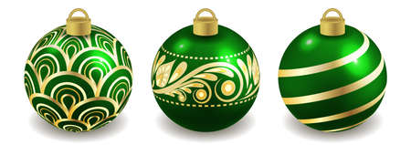 Set of Christmas balls isolated on white, green with golden ornament. Toys for New Year or Christmas tree design  ornate with pattern. Vector illustrationのイラスト素材