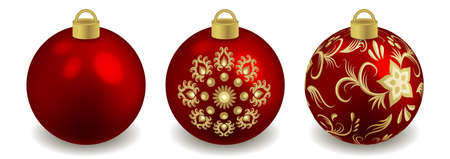 Set of Christmas balls isolated on white. Toys for New Year or Christmas tree design  ornate with pattern, red and golden. Vector illustrationのイラスト素材