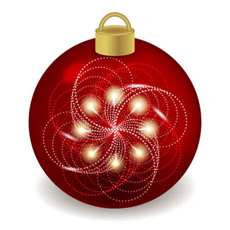 Christmas ball isolated on white. New Year night decorative toy for Christmas tree design, red ball ornate with golden pattern. Vector illustrationのイラスト素材