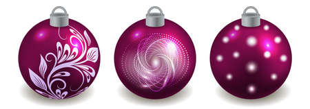Set of Christmas balls isolated on white background. New Year toys, for decoration Chrismas Tree, purple ornate with silver pattern. Vector illustrationのイラスト素材