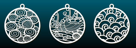 Set of laser cut templates. Christmas balls, abstract pattern in underwater design. Metal cutting, paper art, wood carving, fretwork stencil or die. Vector illustrationのイラスト素材