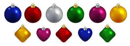 Set of decorative toys for Cristmas, balls, hearts, rhumbs. Isolated objects for New Year celebration and Christmas tree or card decor. Vector illustrationのイラスト素材
