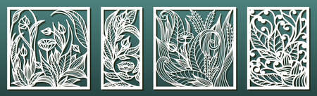 Laser cut panel template, anstract floral pattern. Stencil for wood or metal cutting, carving, paper art, fretwork. Card background decoration, interior design. Vector illustrationのイラスト素材