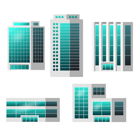 Set of city buildings isolated to create modern urban cityscape, for infographic design, flat style. Business office, houses, shopping center with glass panels. Vector illustrationのイラスト素材