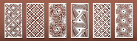 Set of laser cut templates with geometric pattern.  For metal cutting, wood carving, panel decor, paper art, stencil or die for fretwork, card background design. Vctor illustrationのイラスト素材