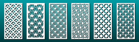 Set of laser cut templates with geometric pattern.  For metal cutting, wood carving, panel decor, paper art, stencil or die for fretwork, card background design. Vctor illustrationのイラスト素材