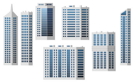 Set of city buildings isolated to create modern urban cityscape, for infographic design, flat style. Business office, houses, shopping center with glass panels. Vector illustrationのイラスト素材