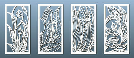 Laser cut panel template, anstract floral pattern. Stencil for wood or metal cutting, carving, paper art, fretwork. Card background decoration, interior design. Vector illustrationのイラスト素材