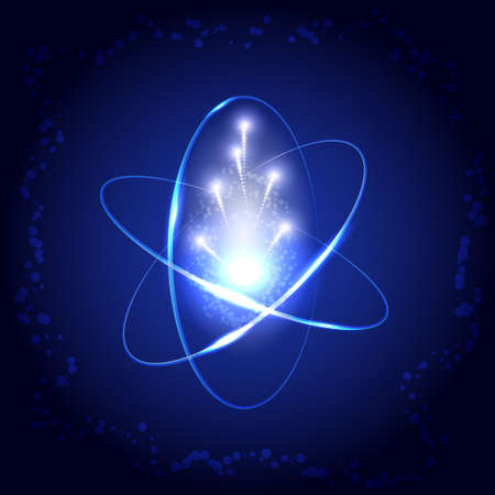 Shining atom model with neon light and fusion with particles and sparkles. Technology, power, energy. Vector illustrationのイラスト素材