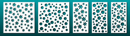 Laser cut panels, set of templates. Geometric pattern. For metal cutting stencil, paper art, card background design, wood carving, fretwork. Vector illustration.のイラスト素材
