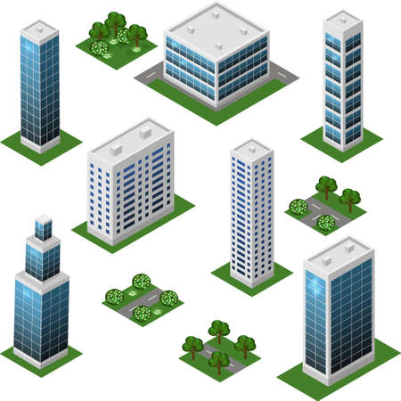 Isometric city set. Urban landscape 3d elements to design cityscape. Big modern buildings, street, trees, town garden. Isolated modules. Vector illustrationのイラスト素材