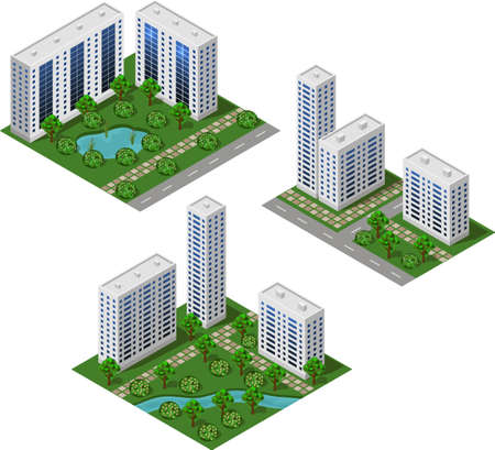 Isometric city set. Urban landscape 3d elements to design cityscape. Big modern buildings, street, trees, town garden with pond. Isolated modules. Vector illustrationのイラスト素材
