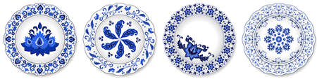 Set of blue porcelain plates. Decorative ceramic plates ornate with traditional floral pattern, Chinese motives, blue on white, Russian Gzhel style. Isolated objects, vector illustrationのイラスト素材