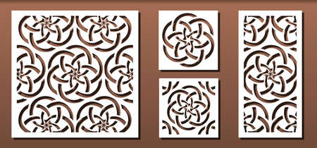Set of laser cut panel templates with geometric pattern.  For metal cutting, wood carving, panel decor, paper art, stencil or die for fretwork, card background design. Vector illustrationのイラスト素材